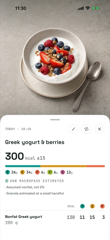 A Macropass meal estimate for Greek yogurt and berries: 300 kcal with a plus or minus 15 uncertainty band, the assumptions 'Assumed nonfat, not 2%' and 'Granola estimated at a small handful', and the per-ingredient breakdown