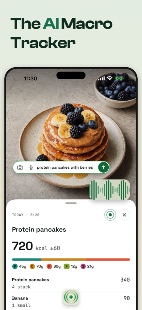 Macropass App Store frame: The AI Macro Tracker, protein pancakes estimating overlay at 720 kcal plus or minus 60