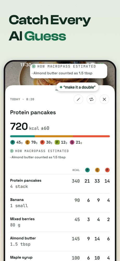 Macropass App Store frame: Catch every AI guess, the estimate with an assumption line and the correction make it a double